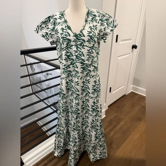 Ex Voto 100% Cotton White Green Bird Block Printed Maxi Dress Green NWT SZ M - Picture 2 of 11